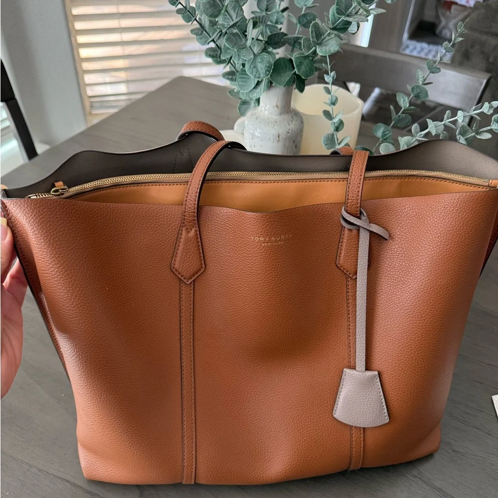 Tory Burch Brown Leather Tote with Gold Accent - Picture 3 of 12